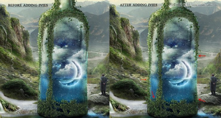 Photoshop合成山谷中爬滿藤蔓的瓶子