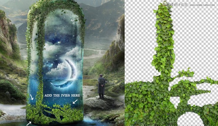 Photoshop合成山谷中爬滿藤蔓的瓶子