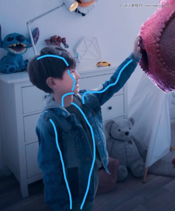 Photoshop合成房間里撫摸恐龍頭的小男孩